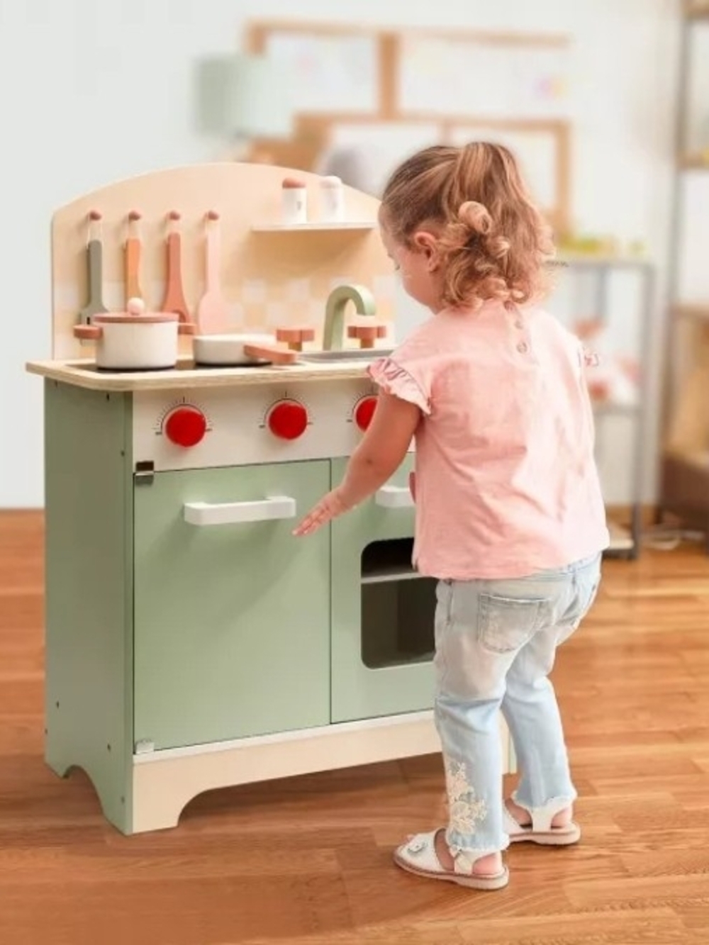 Wooden Play Kitchen Set for Kids - Realistic Chef Pretend Kitchen with Stove.
